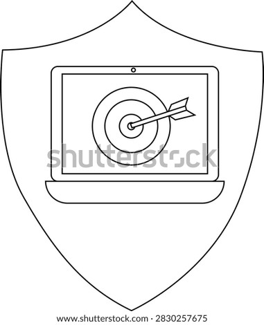 A laptop screen displays a target with an arrow hitting the bullseye, all within a shield shape, symbolizing cybersecurity and achieving goals.