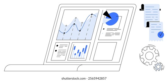 A laptop screen displays various data visuals including graphs, pie charts, and bar charts. Documents and gears are nearby. Ideal for data analysis, business reporting, technology, digital marketing