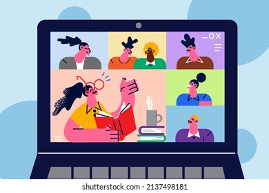 Laptop screen with diverse kids and teacher have online lesson on lockdown. Multiracial students enjoy webcam class or lecture with tutor or coach on computer. Vector illustration. 