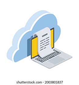 Laptop screen, document text, cloud server. Vector 3d symbol, isometric, color web icons, new flat style. Creative design idea, concept for infographics.