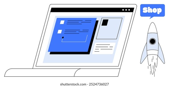 Pantalla del ordenador portátil con una plataforma de comercio electrónico y la burbuja de discurso que dice Tienda. El cohete futurista simboliza el crecimiento de las startups y la innovación. Ideal para negocios en línea, marketing digital, comercio electrónico