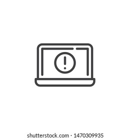 Laptop screen error notice line icon. linear style sign for mobile concept and web design. Computer warning notification outline vector icon. Symbol, logo illustration. Vector graphics
