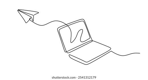 Tela do notebook se estendendo para fora com um avião de papel em um desenho contínuo de uma linha. Conceito de ideias. Ilustração de vetor minimalista desenhada à mão.