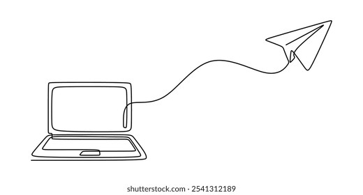 Laptop screen extending outward with a paper plane in a continuous one line drawing. Idea concept. Hand-drawn minimalist vector design.