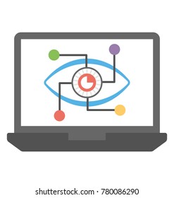 A laptop screen with an eye symbolising flat icon of a cyber eye