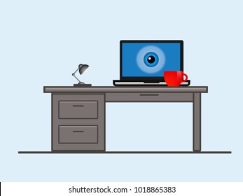 A laptop screen with an eye. Total surveillance. Big brother concept. Stealing confidential data. Concept of protecting information. Biometric identification. Isolated vector illustration