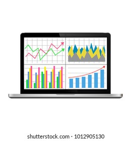 Laptop screen with financial charts and graphs. Isolated on white. Vector illustration.