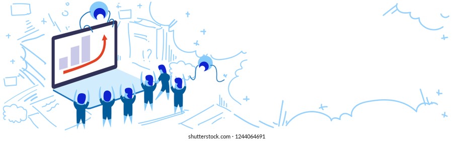 laptop screen financial graph arrow up people group brainstorming teamwork success concept sketch doodle horizontal banner