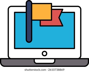 A laptop screen with a flag and a red and yellow bookmark. The flag is attached to the laptop with a clip