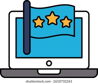 A laptop screen with a flag and three stars on it. The flag is blue and the stars are yellow