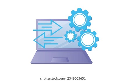 Laptop-Bildschirm-Forwarding Pfeile und ein Getriebe auf Laptop symbolisch für Web-Entwicklung.auf weißem Hintergrund.Vector Design Illustration.