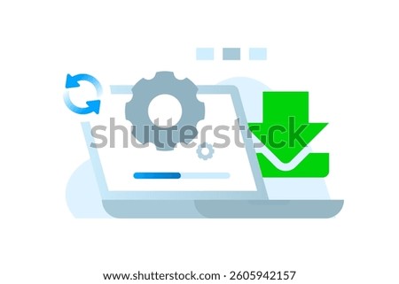 Laptop screen with gear, loading bar, and download icon representing software installation, system update, or file download process. Suitable for technology, software, and IT related concepts