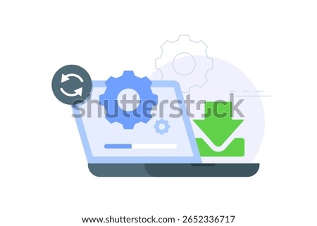 Laptop screen with gear, loading bar, and download icon representing software installation, system update, or file download process