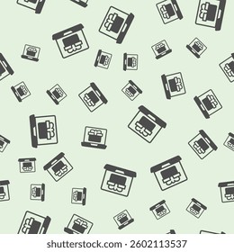 Laptop screen with gift box solid seamless pattern, merry christmas theme. Vector graphics. Notebook computer and present package sign background, filled with glyphs icon