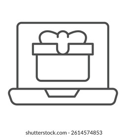 Laptop screen with gift box thin line icon, merry christmas concept. Vector graphics. Notebook computer and present package sign on white background, linear style icon for mobile or web design