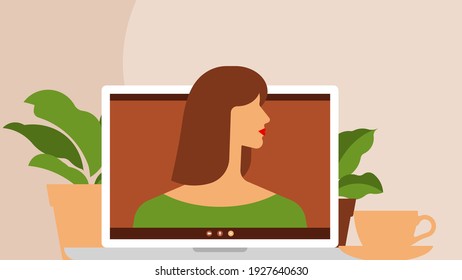 Laptop screen with a girl inside. An abstract device, a houseplant and a cup of tea. The concept of an online chat with a friend, colleague, or family member.