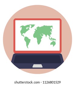 A laptop screen with global map display is the concept of GPS website