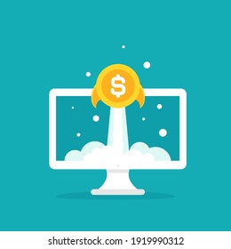 laptop screen with golden dollar coin as rocket. Money shuttle on blue background. freelancer, designer, writer job. Income growth. Financial success of business start up or remote job 