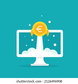 laptop screen with golden euro coin as rocket. Money shuttle on blue background. freelancer, designer, writer job. Income growth. Financial success of business start up or remote job 