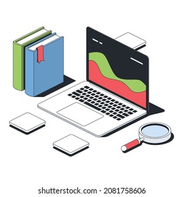 Laptop screen graph chart, magnifier analyst, books learning. Vector 3d sketch line isometric style, color icon illustration. Creative design idea and infographics elements.