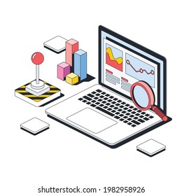 Laptop screen, graphs and charts, analyst magnifier, finance control panel. Vector 3d line isometric, color web icons, new flat style. Creative design idea for infographics.