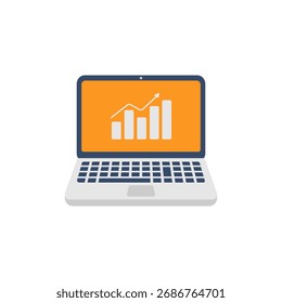 Laptop Screen with Growing Bar Chart Vector Illustration. Flat Design Business Performance.