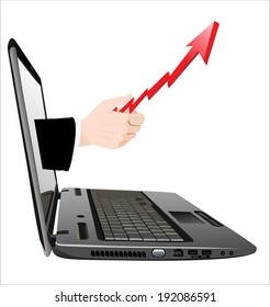  laptop screen with hand giving red arrow and business growth chart isolated on white background