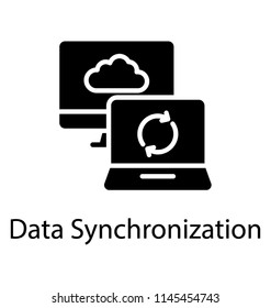 A laptop screen having sync sign and monitor screen having cloud computing showing data synchronization 