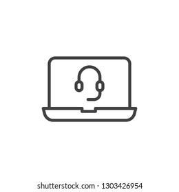 Laptop screen with headset line icon. linear style sign for mobile concept and web design. Computer service support outline vector icon. Symbol, logo illustration. Pixel perfect vector graphics