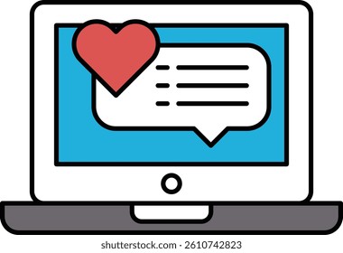 A laptop screen with a heart and a chat box. The heart is red and the chat box is blue