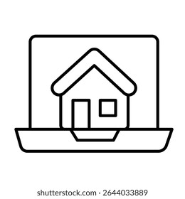Laptop screen with home house thin line icon, remote work concept. Vector graphics. Display and cottage building sign on white background, style mobile or design