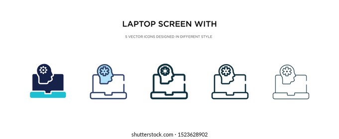 laptop screen with human head graphic icon in different style vector illustration. two colored and black laptop screen with human head graphic vector icons designed in filled, outline, line and