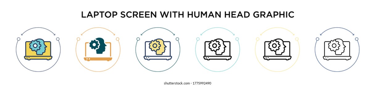 Laptop screen with human head graphic icon in filled, thin line, outline and stroke style. Vector illustration of two colored and black laptop screen with human head graphic vector icons designs can 