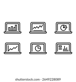 Laptop Screen Icons Bar Line and Pie Charts Data Analysis Business Graphics Modern Minimalist Style Clean Vector Illustration