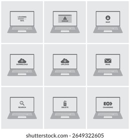 Laptop Screen Icons Set: Loading, Error, Map, Download, Upload, Mail, Search, Delete, Charging