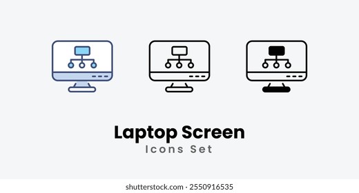 Conjunto de iconos de pantalla de computadora portátil línea delgada e ilustración de icono de Vector de glifo