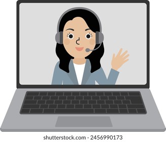 Laptop screen of a Japanese woman wearing a headset and suit and making a video call