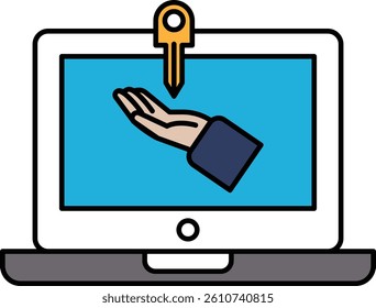 A laptop screen with a key on it and a hand on the screen. The hand is holding the key, and the image conveys the idea of unlocking something