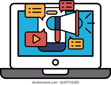 A laptop screen with a large red and blue megaphone and a bunch of other icons and text