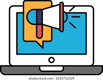 A laptop screen with a large red and blue megaphone on it. The megaphone is pointing to a speech bubble with a message that says "It's important not just write what is on image, but also write concept