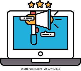 A laptop screen with a large, red, and yellow megaphone with three stars surrounding it