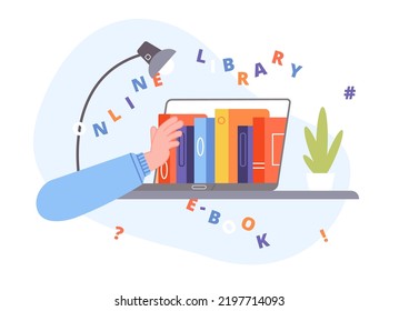 Notebook-Bildschirmbibliothek. Elektronisches Wörterbuch Online-Vorlesung Internet-Bildung, digitale Schule Wissen e-Learning-Geschäft auf dem heimischen Computer Vektorgrafik der Bildungsbibliothek elektronischen Bildschirm