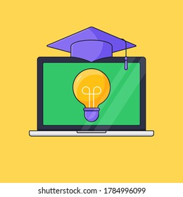 Laptop screen with light bulb and graduated toga hat on top for webinar online course distant education badge logo vector illustration