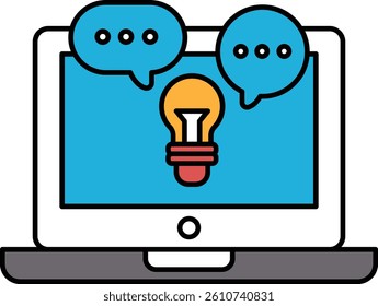 A laptop screen with a light bulb on it. The light bulb is surrounded by speech bubbles. The speech bubbles are blue and yellow. Concept of a conversation or discussion