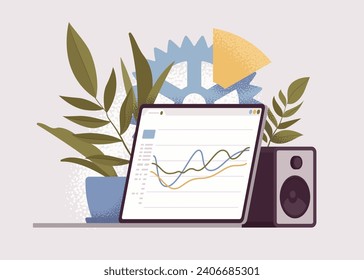 Laptop screen, line data graphical representation, financial graphs display. Computer program page presenting, monitoring budget, expense. Vector illustration, botanical leaf, music column background