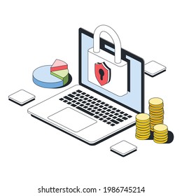 Laptop screen, lock, data protection, bank account, graph chart. Vector 3d line isometric, color web icons, new flat style. Creative design idea for infographics.