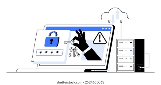 Laptop screen with lock, keys, warning sign, and cloud server. Ideal for cybersecurity, data protection, online privacy, cloud storage, IT infrastructure. Color Black, white, blue Minimalist style