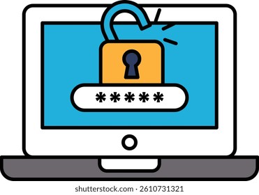 A laptop screen with a lock on it. The lock is yellow and has a keyhole. Concept of security and protection