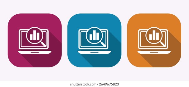 Laptop screen with magnifying glass over bar chart icon in three different colors