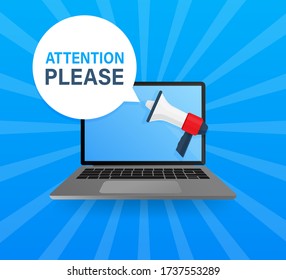 Pantalla portátil con megáfono. ¡Atención, por favor! Texto en burbuja de voz sobre fondo azul. Ilustración de material vectorial
